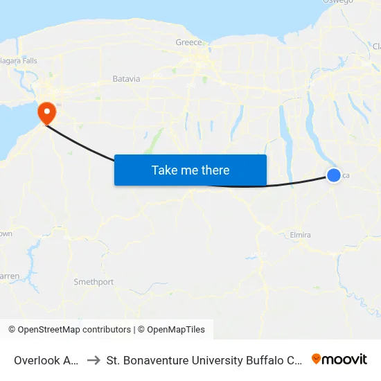 Overlook Apts to St. Bonaventure University Buffalo Center map