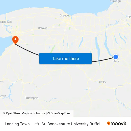 Lansing Town Hall to St. Bonaventure University Buffalo Center map