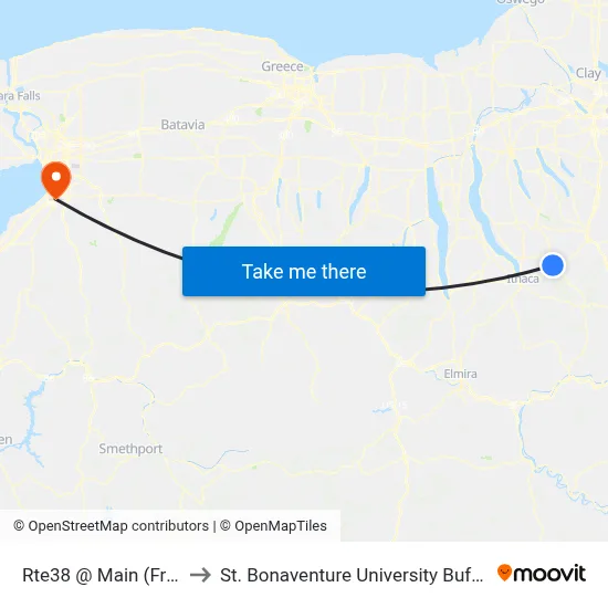 Rte38 @ Main (Freeville) to St. Bonaventure University Buffalo Center map
