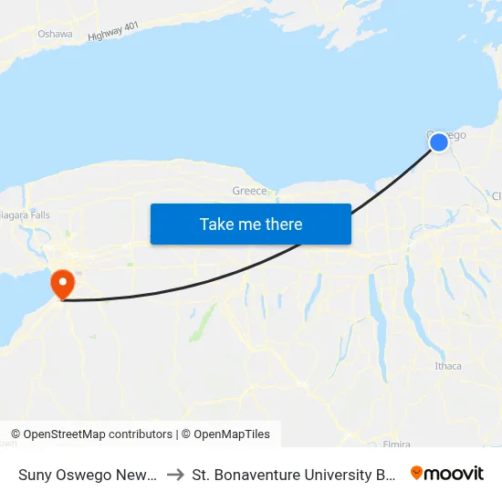 Suny Oswego New Campus to St. Bonaventure University Buffalo Center map