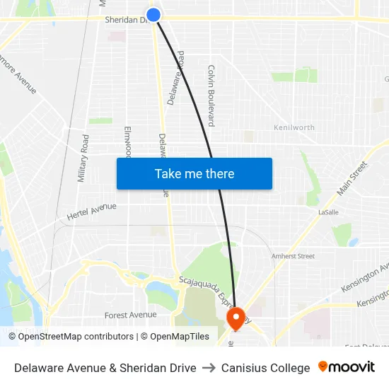 Delaware Avenue & Sheridan Drive to Canisius College map