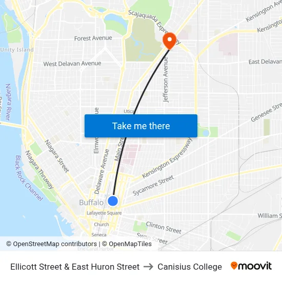 Ellicott Street & East Huron Street to Canisius College map