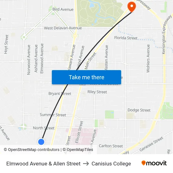 Elmwood Avenue & Allen Street to Canisius College map
