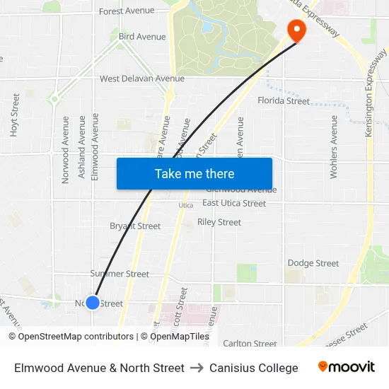 Elmwood Avenue & North Street to Canisius College map