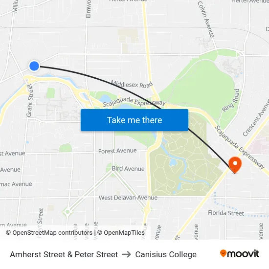 Amherst Street & Peter Street to Canisius College map
