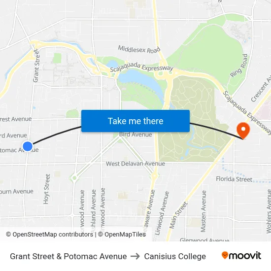 Grant Street & Potomac Avenue to Canisius College map