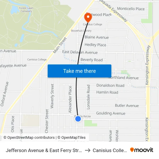 Jefferson Avenue & East Ferry Street to Canisius College map