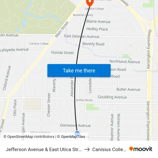 Jefferson Avenue & East Utica Street to Canisius College map