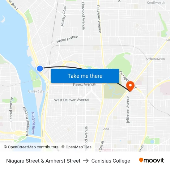Niagara Street & Amherst Street to Canisius College map
