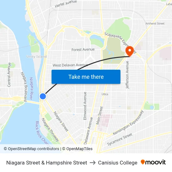 Niagara Street & Hampshire Street to Canisius College map