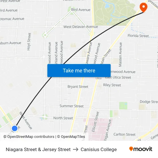 Niagara Street & Jersey Street to Canisius College map