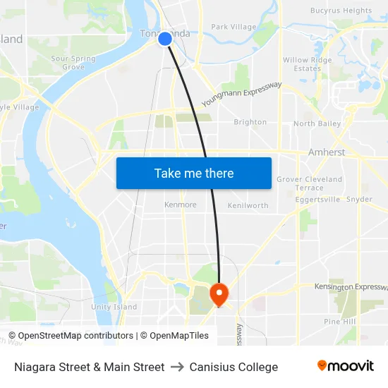Niagara Street & Main Street to Canisius College map
