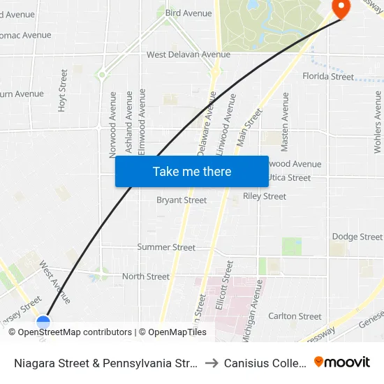 Niagara Street & Pennsylvania Street to Canisius College map