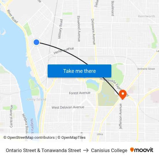Ontario Street & Tonawanda Street to Canisius College map