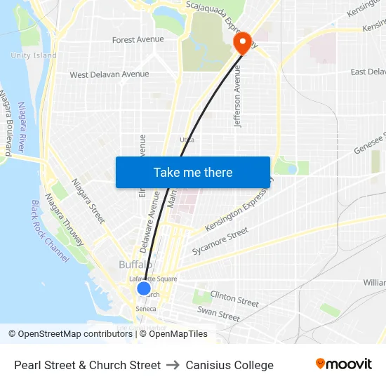 Pearl Street & Church Street to Canisius College map