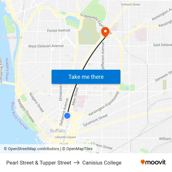 Pearl Street & Tupper Street to Canisius College map