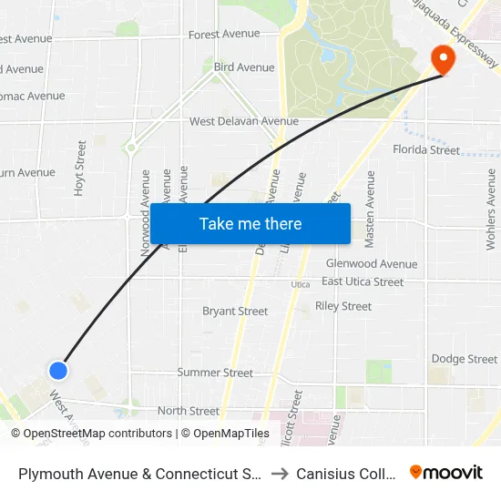 Plymouth Avenue & Connecticut Street to Canisius College map