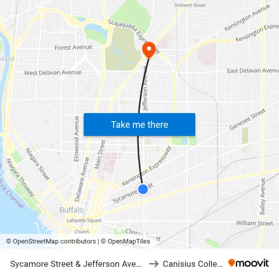 Sycamore Street & Jefferson Avenue to Canisius College map