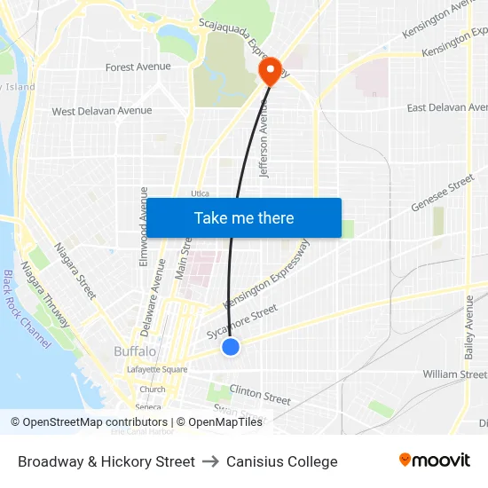 Broadway & Hickory Street to Canisius College map