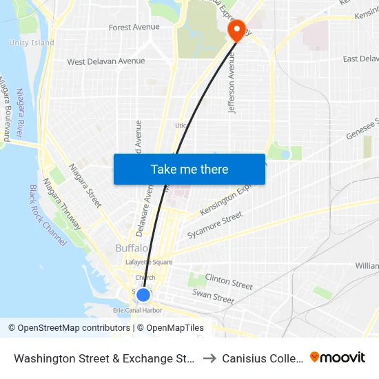 Washington Street & Exchange Street to Canisius College map