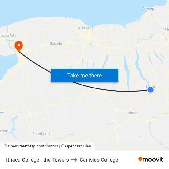 Ithaca College - the Towers to Canisius College map