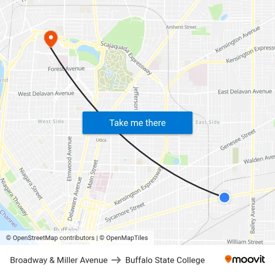 Broadway & Miller Avenue to Buffalo State College map