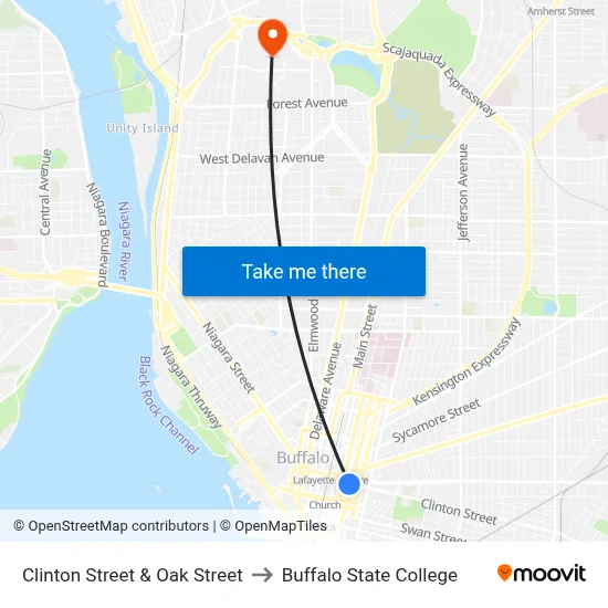 Clinton Street & Oak Street to Buffalo State College map