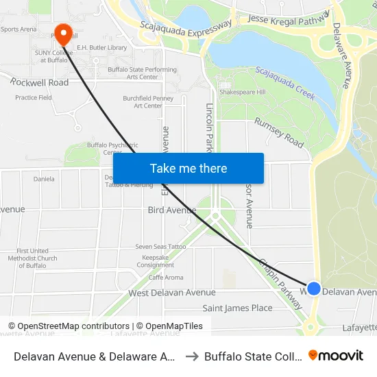 Delavan Avenue & Delaware Avenue to Buffalo State College map