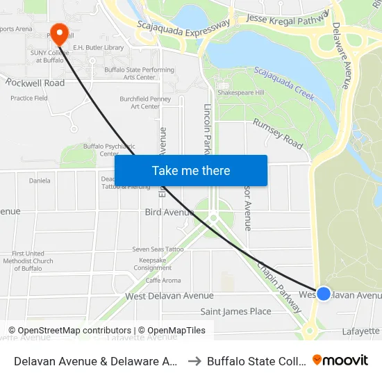 Delavan Avenue & Delaware Avenue to Buffalo State College map