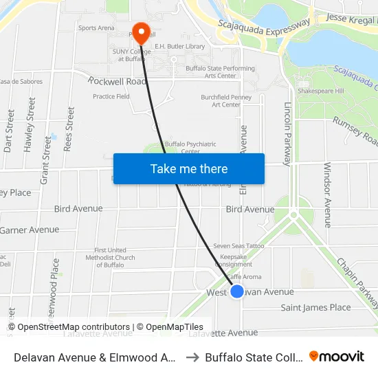 Delavan Avenue & Elmwood Avenue to Buffalo State College map