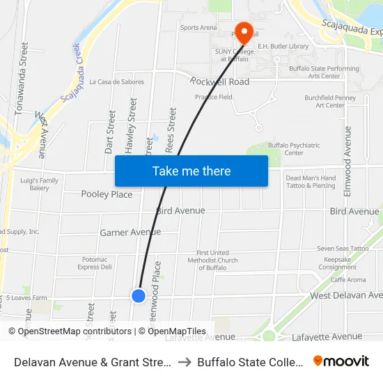 Delavan Avenue & Grant Street to Buffalo State College map
