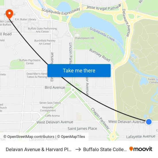 Delavan Avenue & Harvard Place to Buffalo State College map
