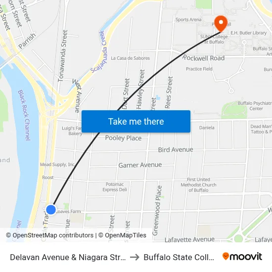 Delavan Avenue & Niagara Street to Buffalo State College map