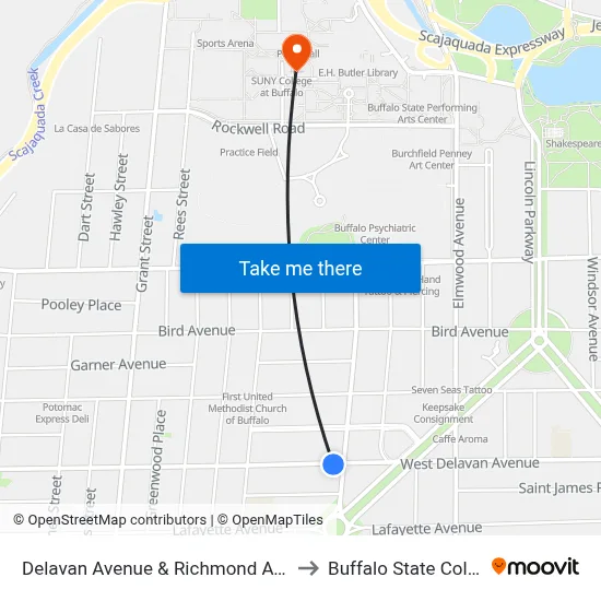 Delavan Avenue & Richmond Avenue to Buffalo State College map