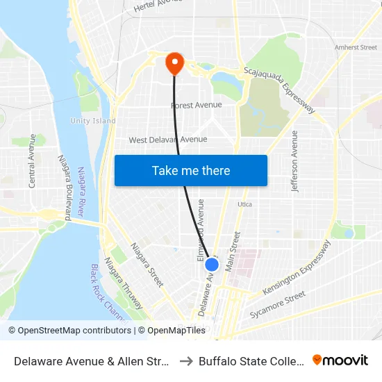 Delaware Avenue & Allen Street to Buffalo State College map