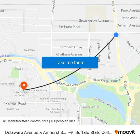 Delaware Avenue & Amherst Street to Buffalo State College map