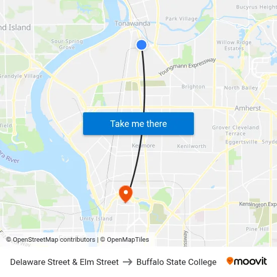 Delaware Street & Elm Street to Buffalo State College map