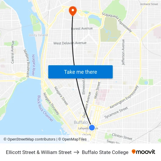 Ellicott Street & William Street to Buffalo State College map