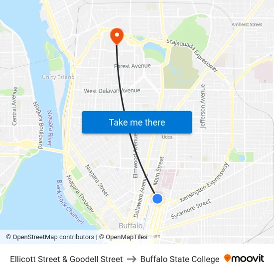Ellicott Street & Goodell Street to Buffalo State College map