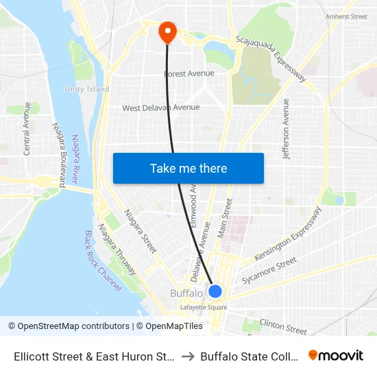 Ellicott Street & East Huron Street to Buffalo State College map