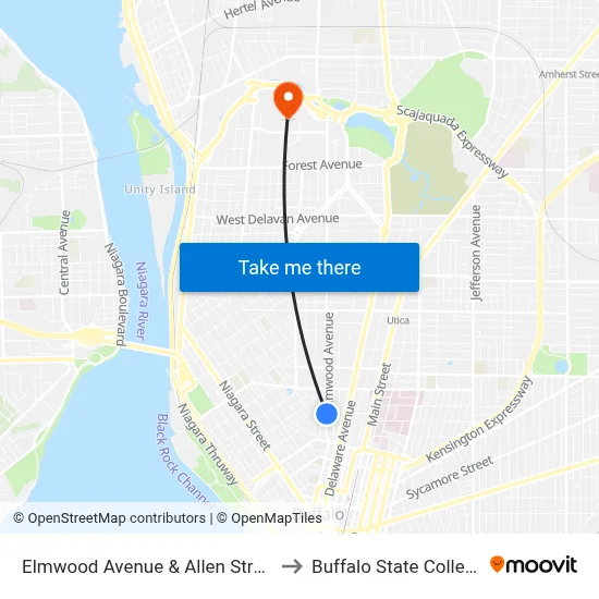 Elmwood Avenue & Allen Street to Buffalo State College map