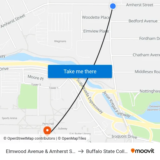 Elmwood Avenue & Amherst Street to Buffalo State College map