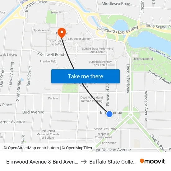 Elmwood Avenue & Bird Avenue to Buffalo State College map