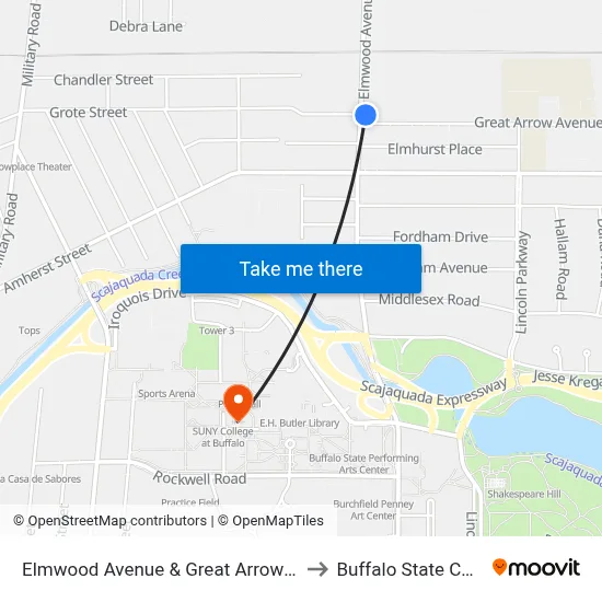 Elmwood Avenue & Great Arrow Avenue to Buffalo State College map