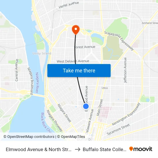 Elmwood Avenue & North Street to Buffalo State College map