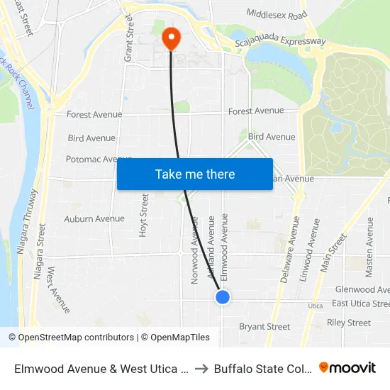 Elmwood Avenue & West Utica Street to Buffalo State College map