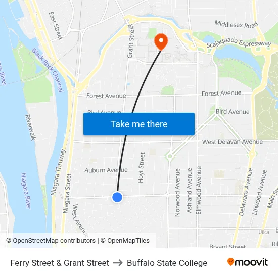 Ferry Street & Grant Street to Buffalo State College map