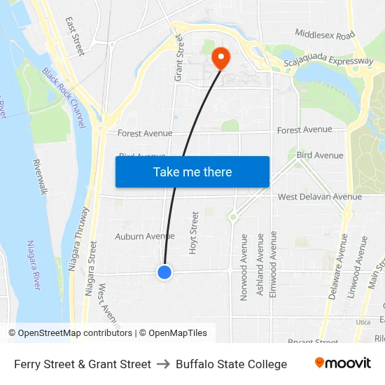 Ferry Street & Grant Street to Buffalo State College map