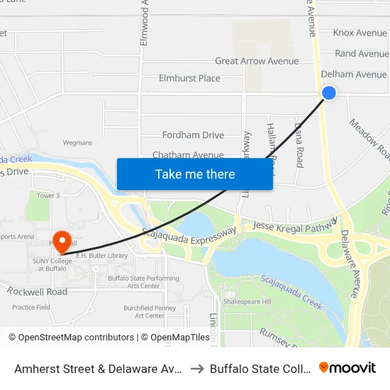 Amherst Street & Delaware Avenue to Buffalo State College map
