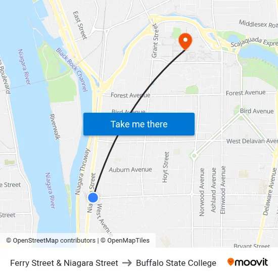Ferry Street & Niagara Street to Buffalo State College map